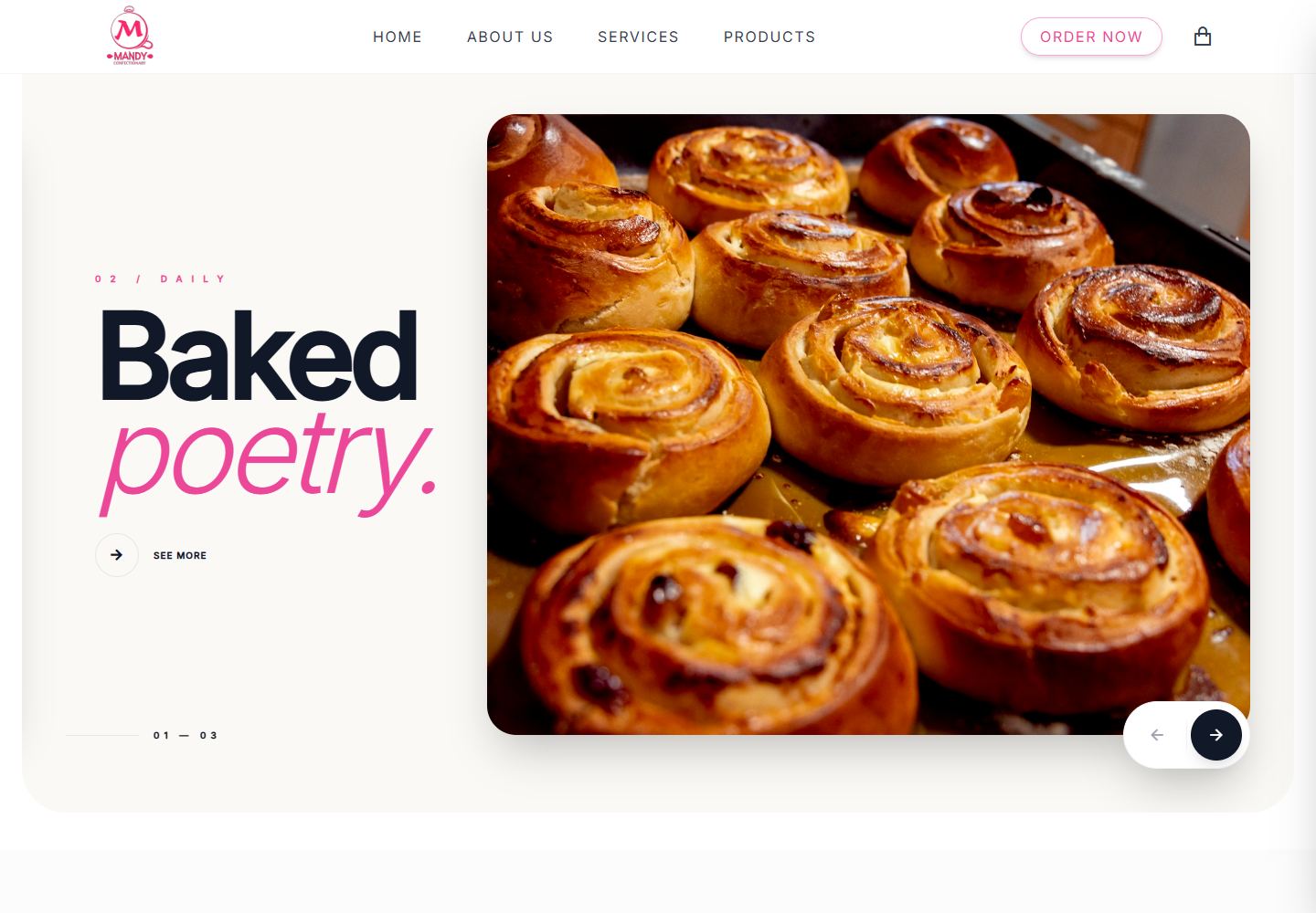 Mandy Confectionaries bakery website featuring artisan pastries